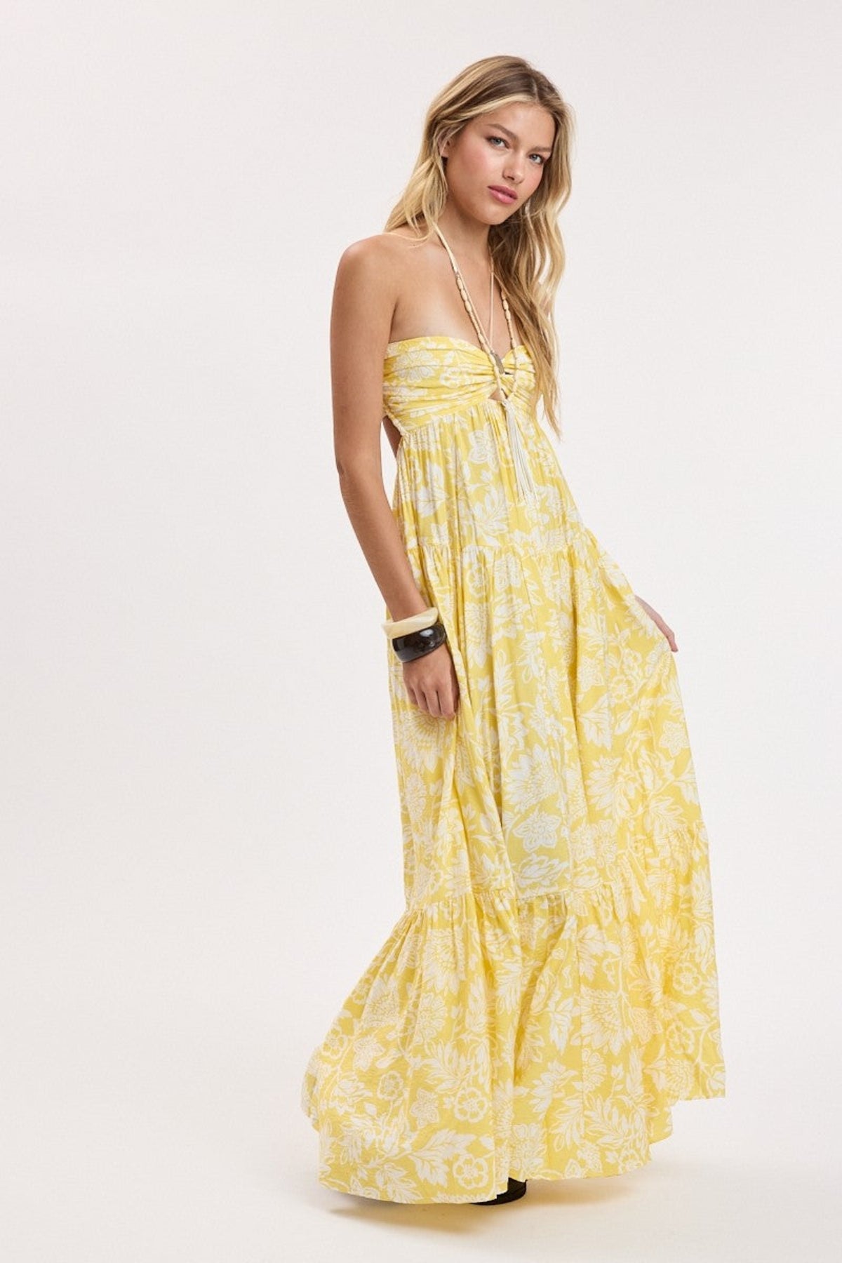 Brisa Yellow Tropical Floral Strapless Maxi Dress