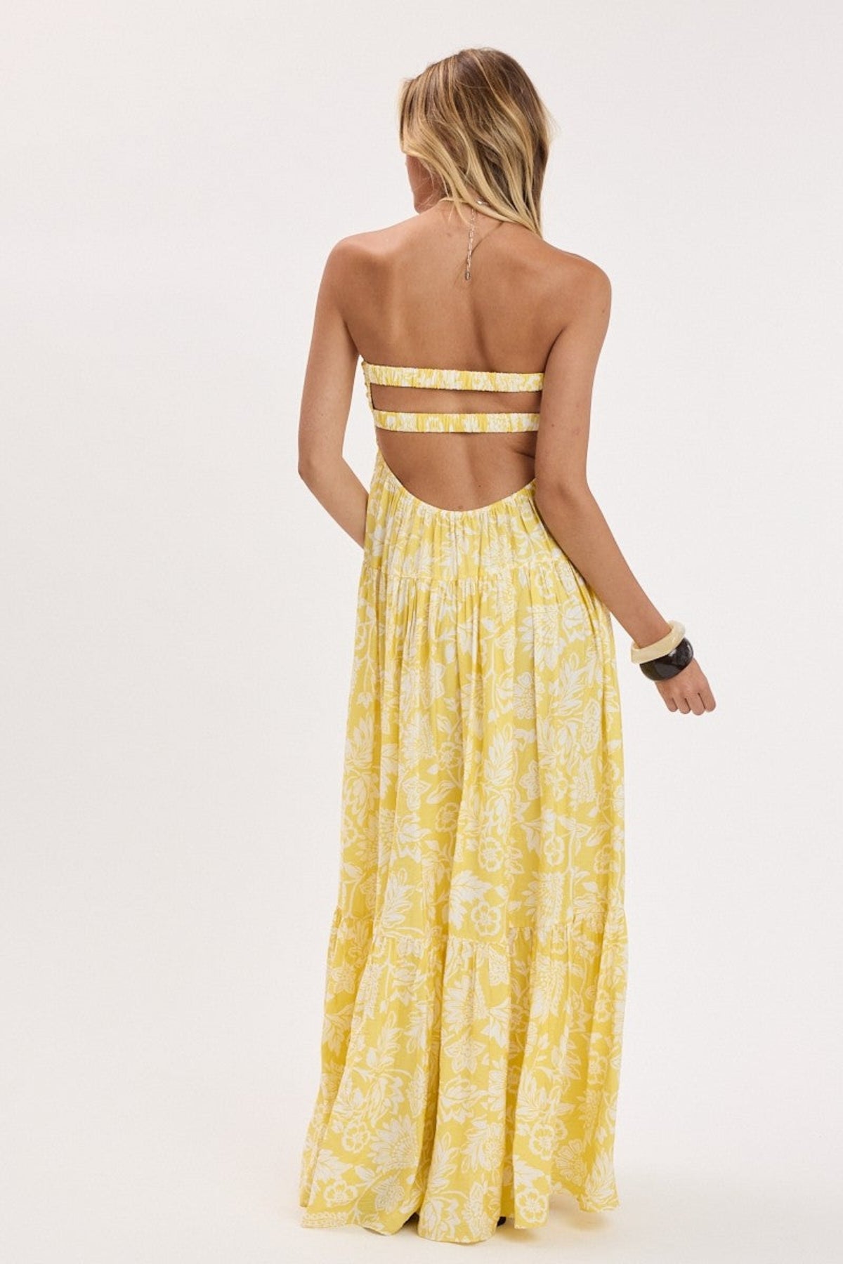 Brisa Yellow Tropical Floral Strapless Maxi Dress