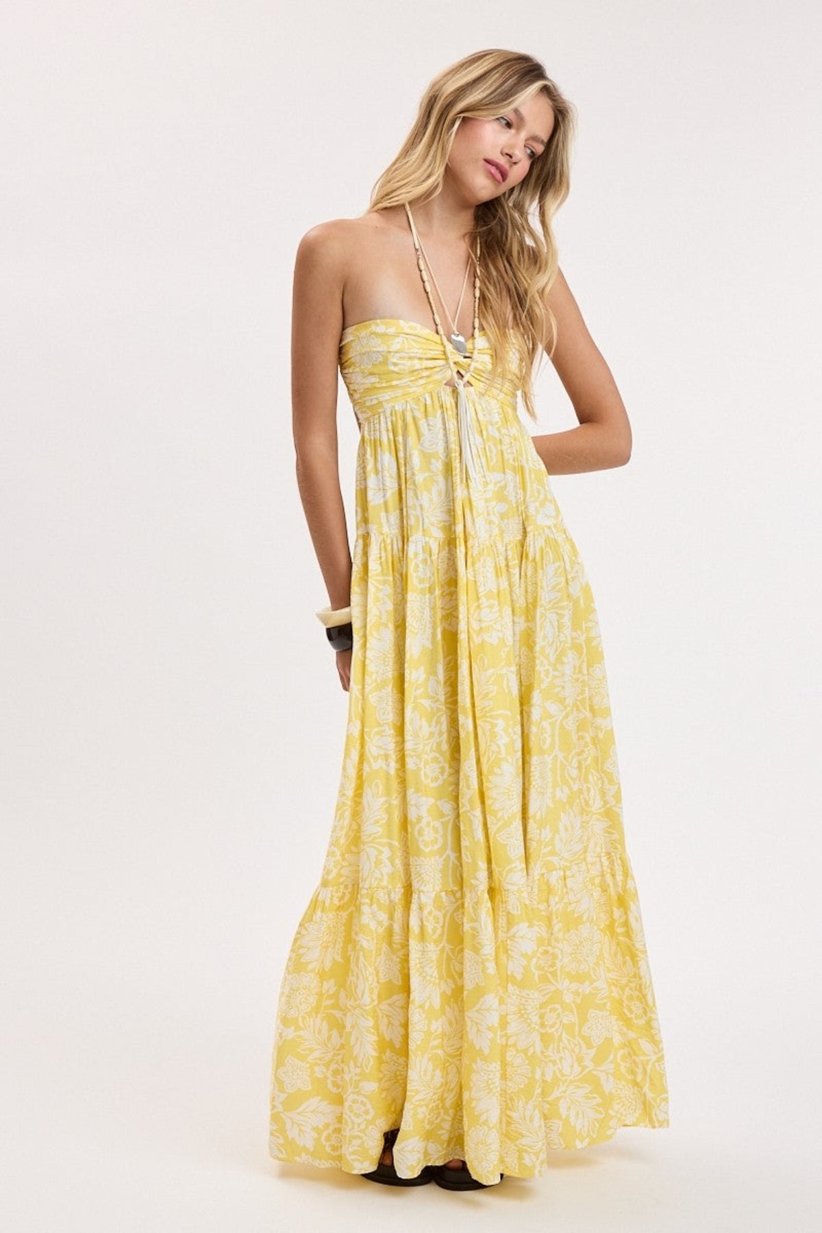 Brisa Yellow Tropical Floral Strapless Maxi Dress