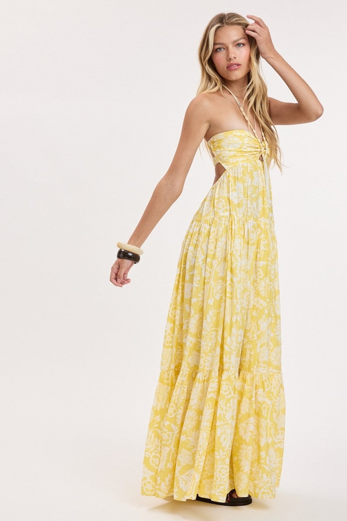 Brisa Yellow Tropical Floral Strapless Maxi Dress