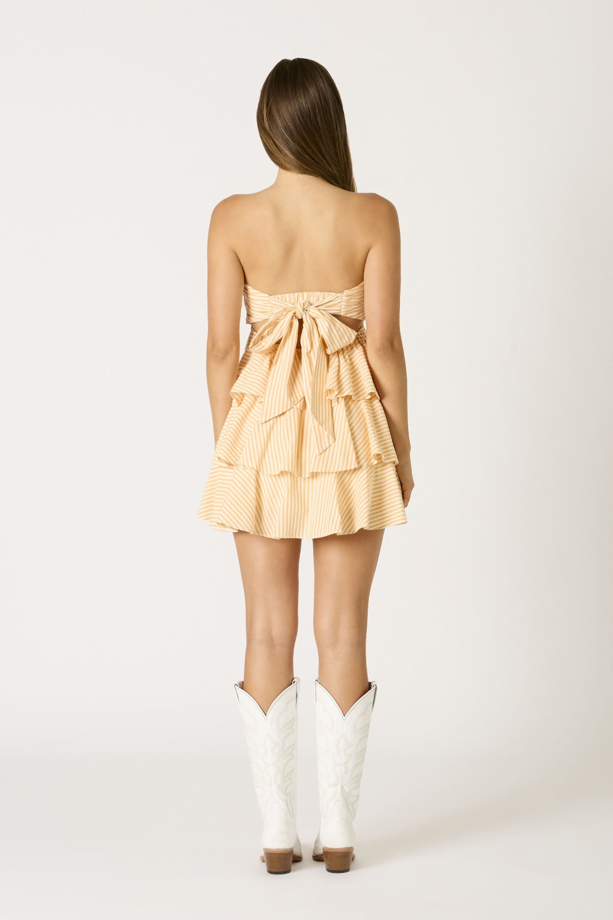 Charlotte Yellow Striped Strapless Ruffle Mini Dress