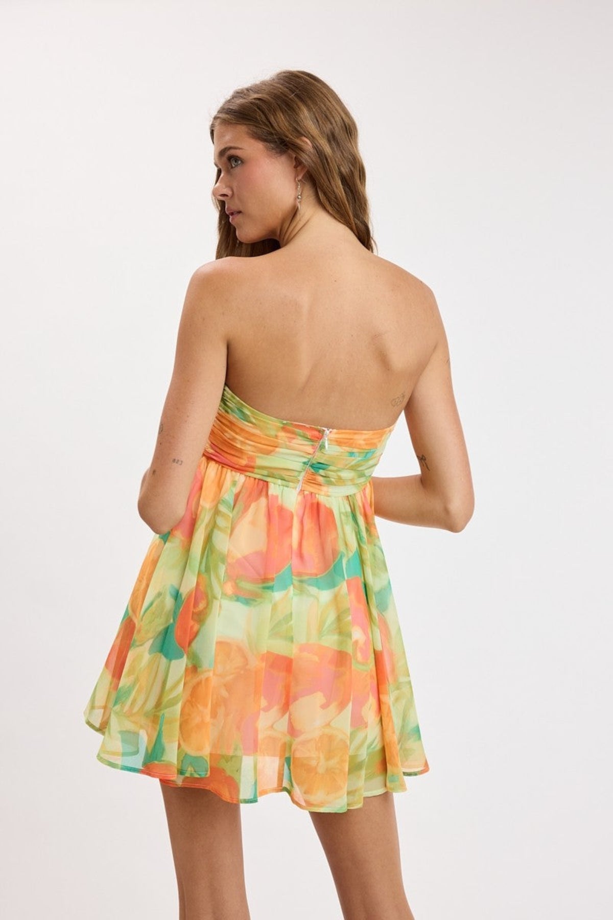 Colette Orange Tropical Print Strapless Babydoll Dress