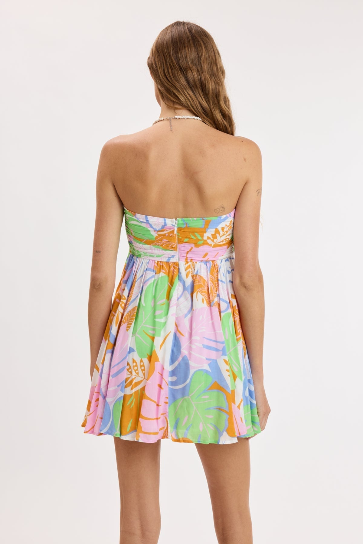 Colette Pastel Tropical Print Strapless Babydoll Dress