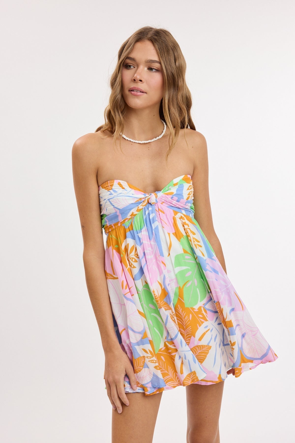 Colette Pastel Tropical Print Strapless Babydoll Dress