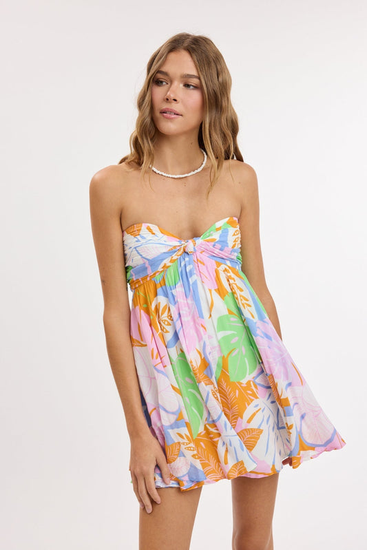 Colette Pastel Tropical Print Strapless Babydoll Dress