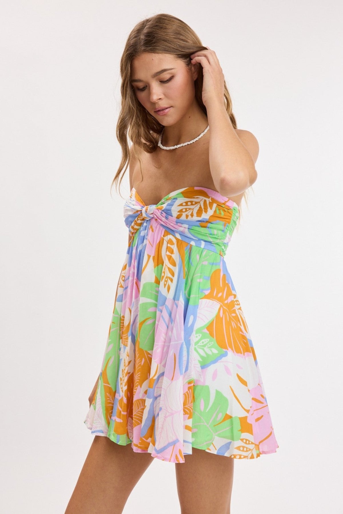 Colette Pastel Tropical Print Strapless Babydoll Dress