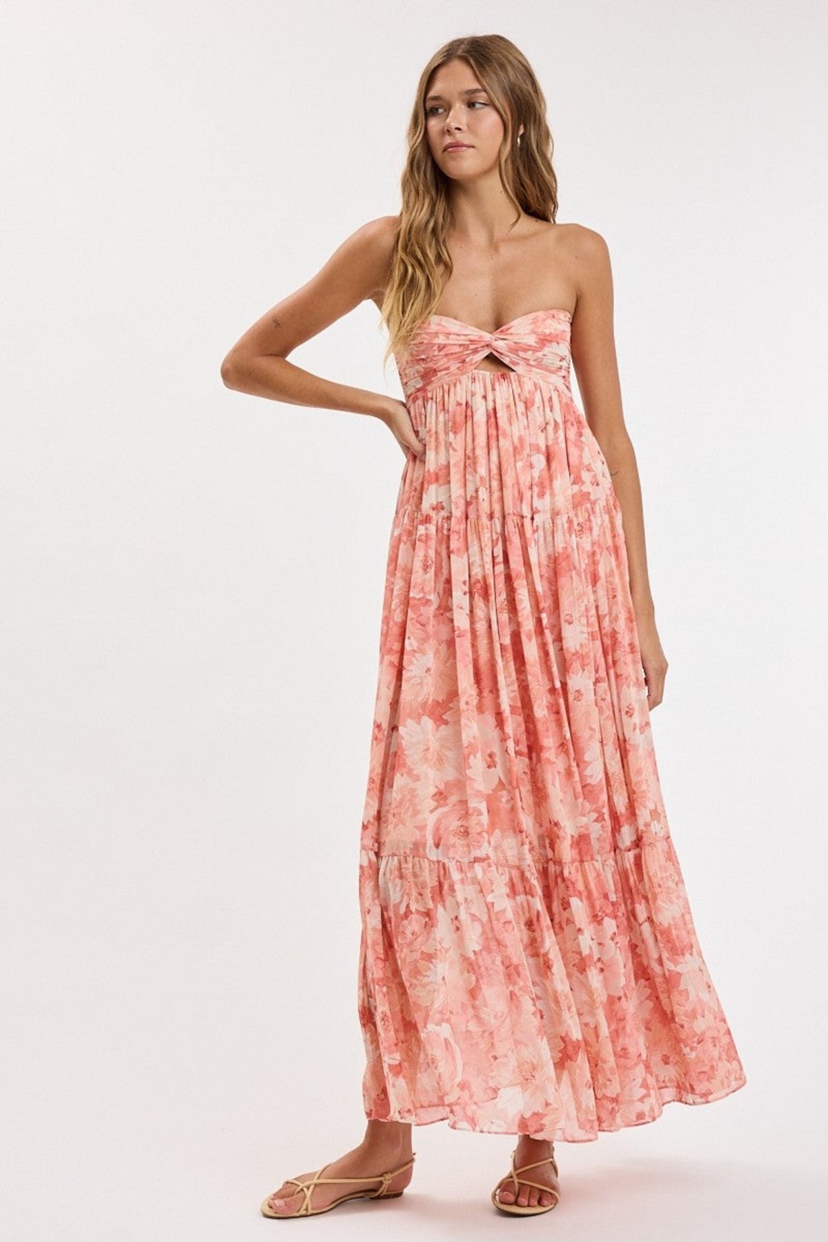 Brisa Coral Floral Strapless Maxi Dress