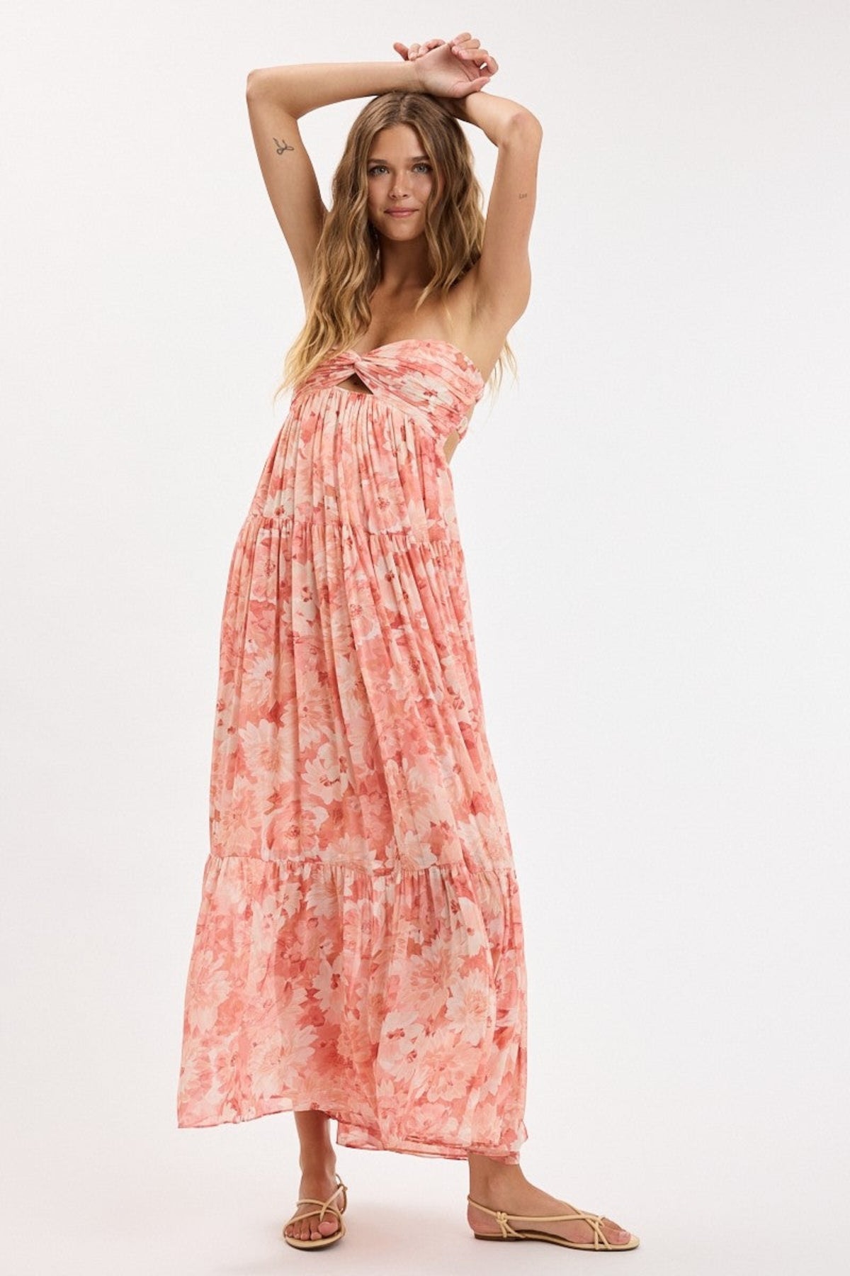 Brisa Coral Floral Strapless Maxi Dress