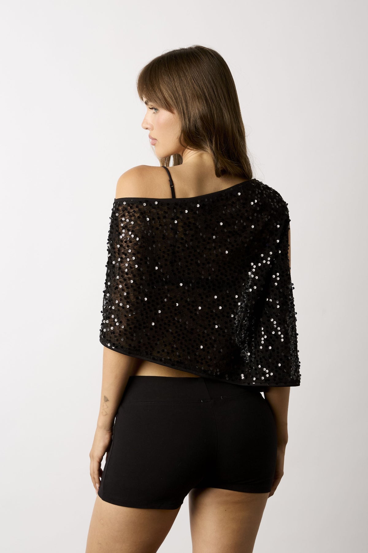 Donna Black Sequin Asymmetric Poncho Top