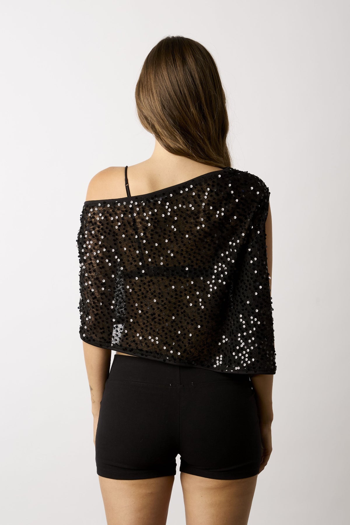 Donna Black Sequin Asymmetric Poncho Top