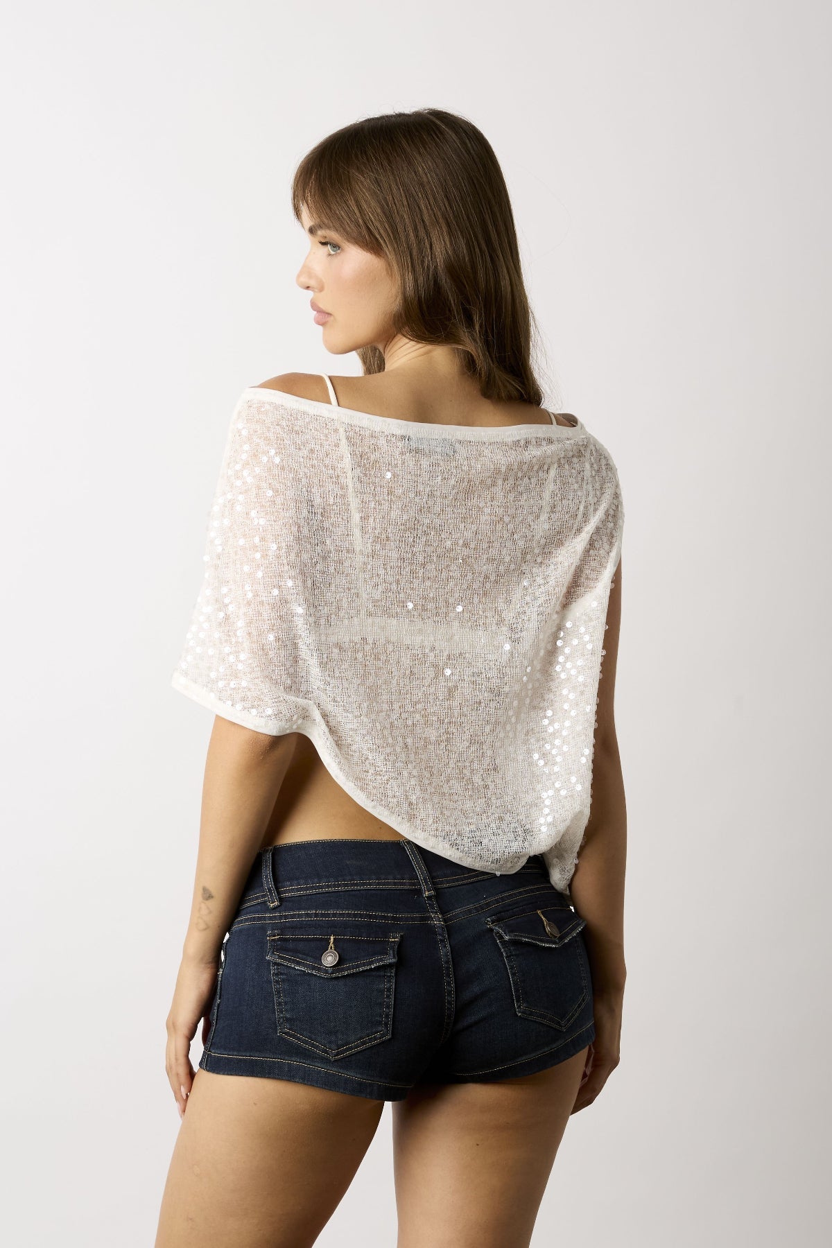 Donna White Sequin Asymmetric Poncho Top