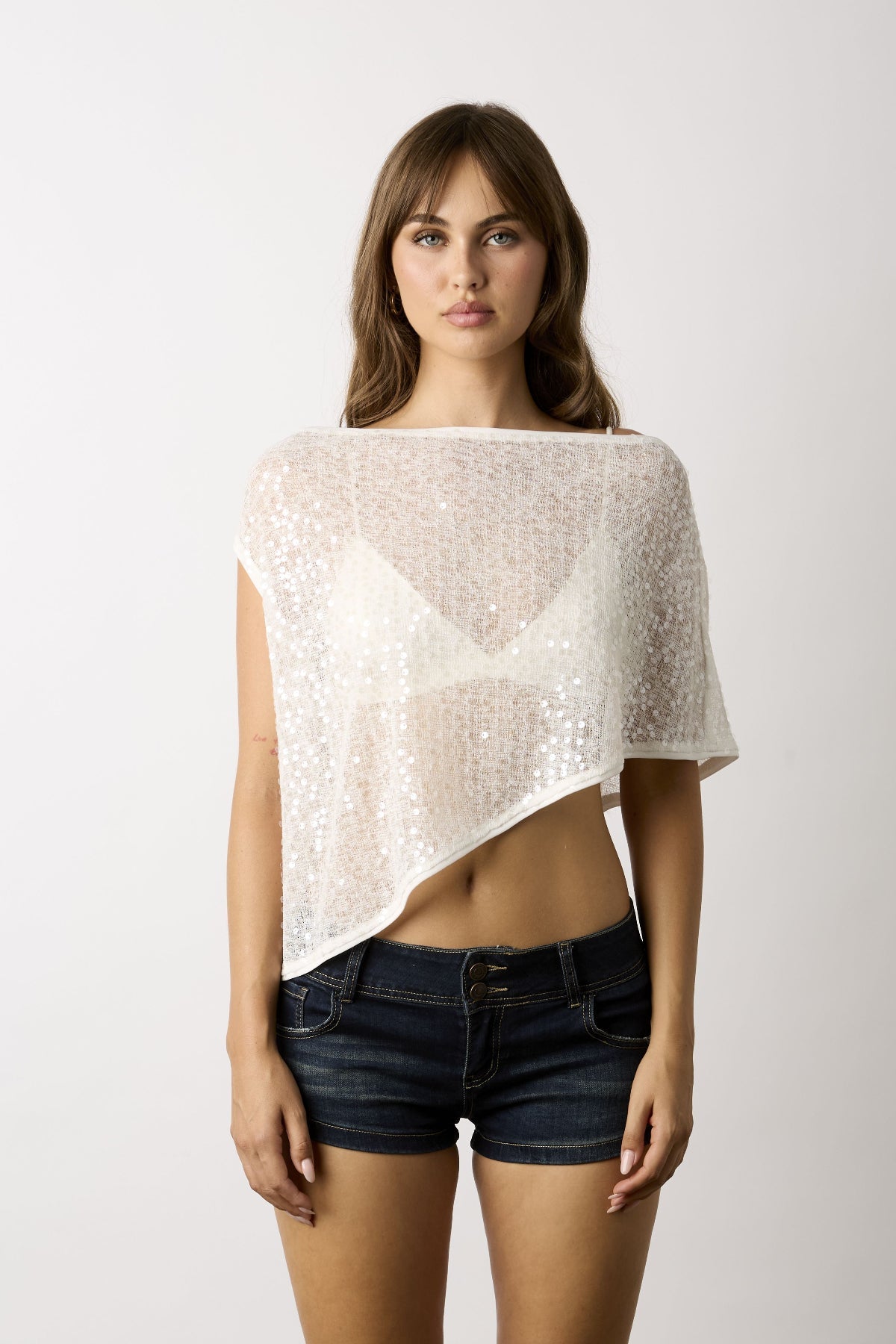 Donna White Sequin Asymmetric Poncho Top