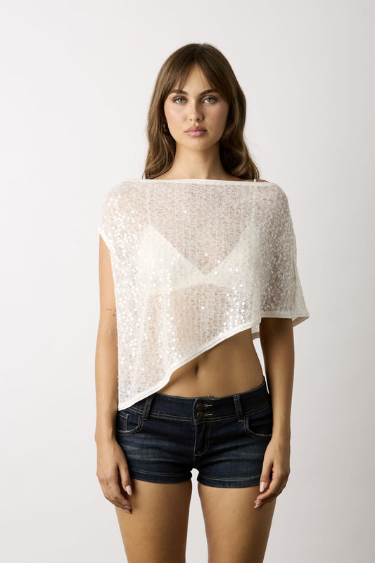 Donna White Sequin Asymmetric Poncho Top