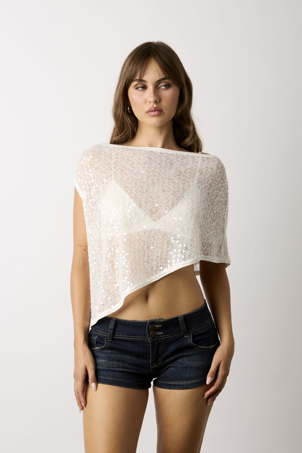 Donna White Sequin Asymmetric Poncho Top