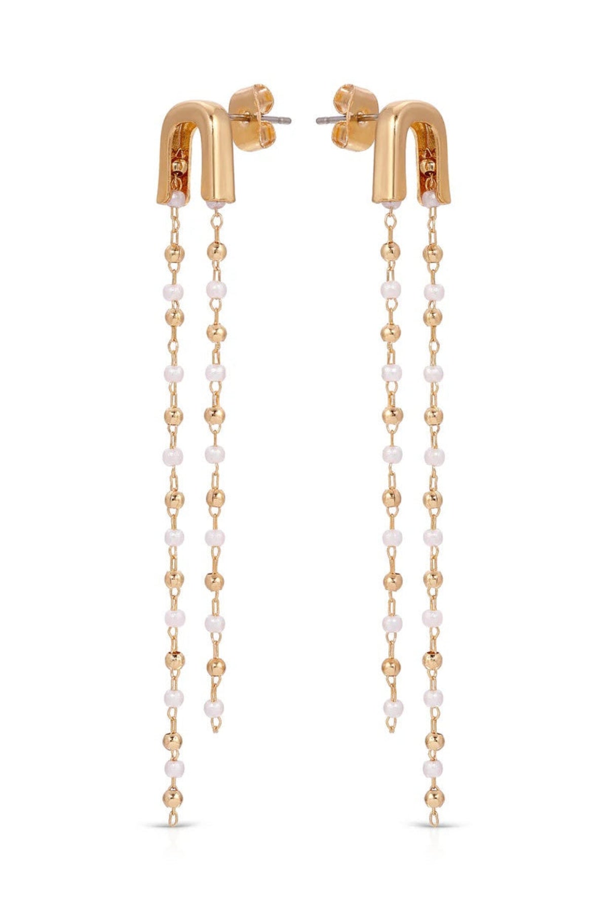 Ettika Double Chain Pearl Drop Earrings