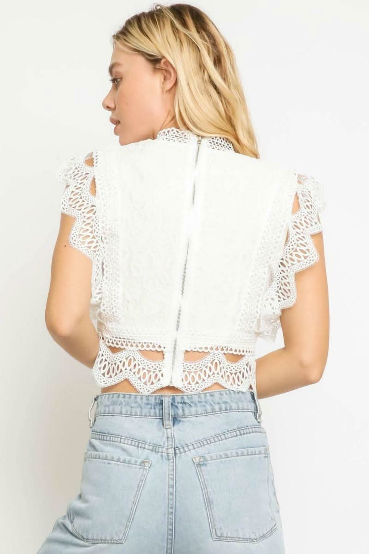 Celine White Lace Mock Neck Crop Top