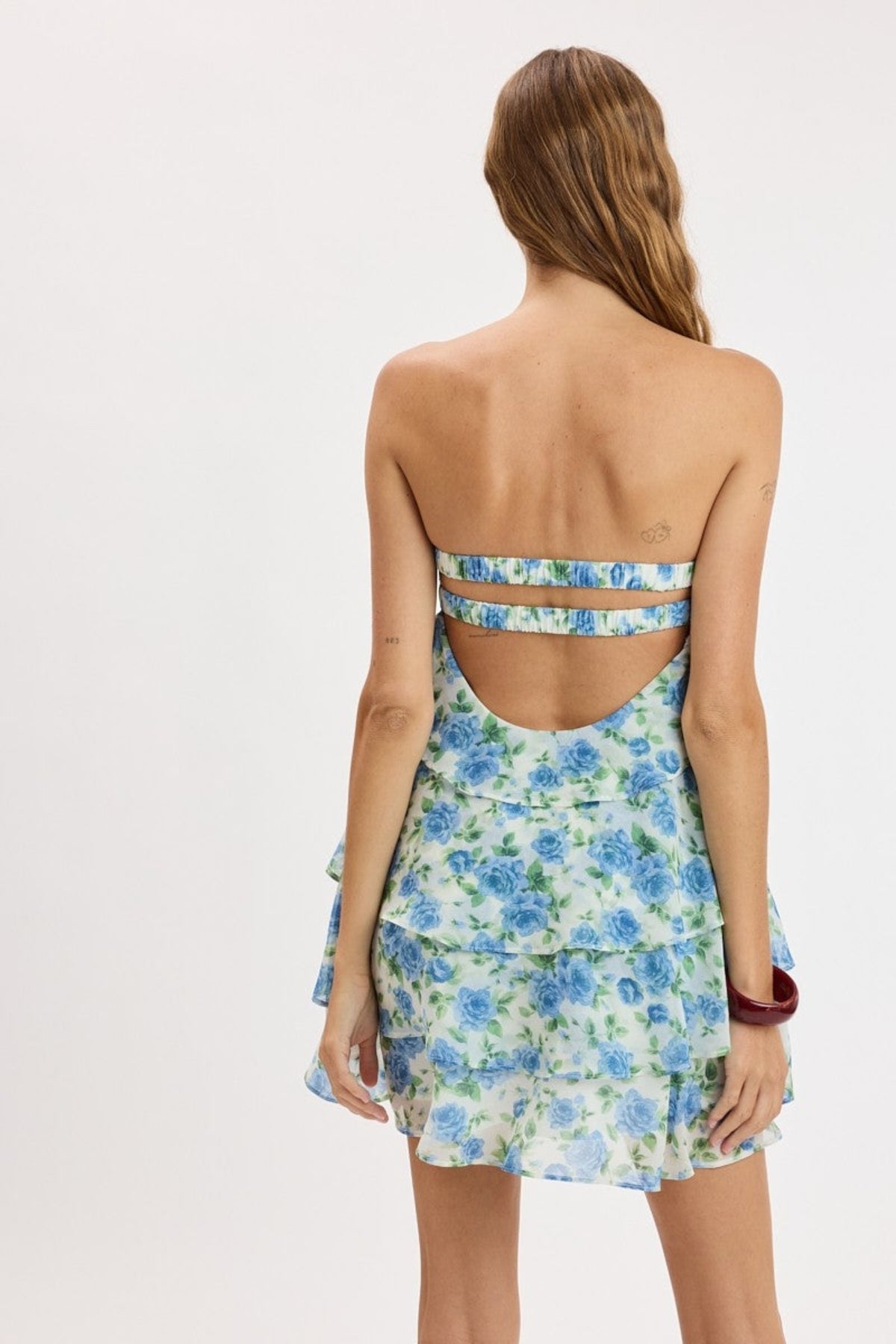 Karlie Blue Floral Strapless Ruffle Mini Dress