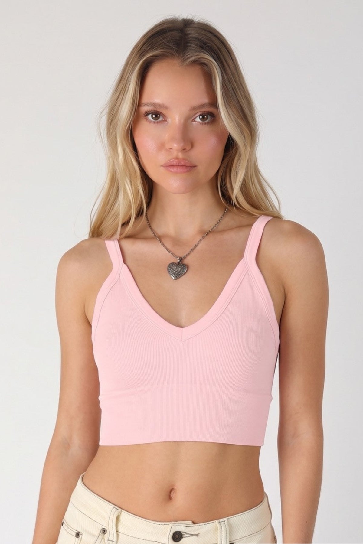 Nikibiki Light Pink Ribbed V-Neck Crop Top