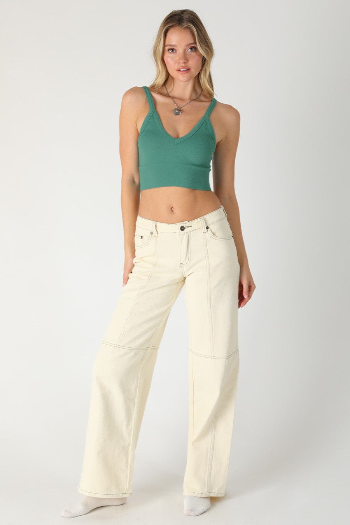 Nikibiki Teal Ribbed V-Neck Crop Top