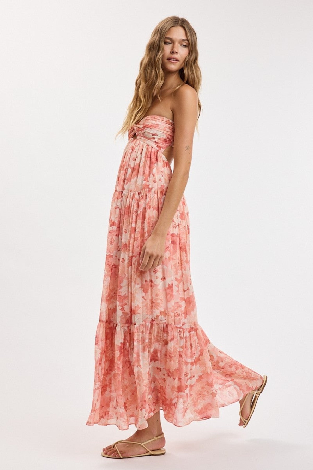 Brisa Coral Floral Strapless Maxi Dress