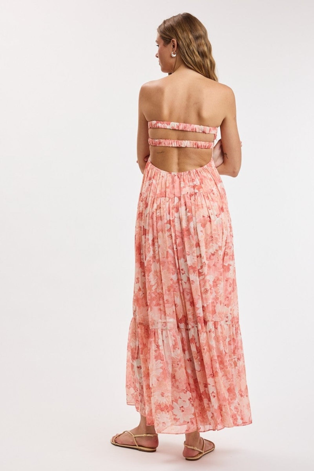 Brisa Coral Floral Strapless Maxi Dress