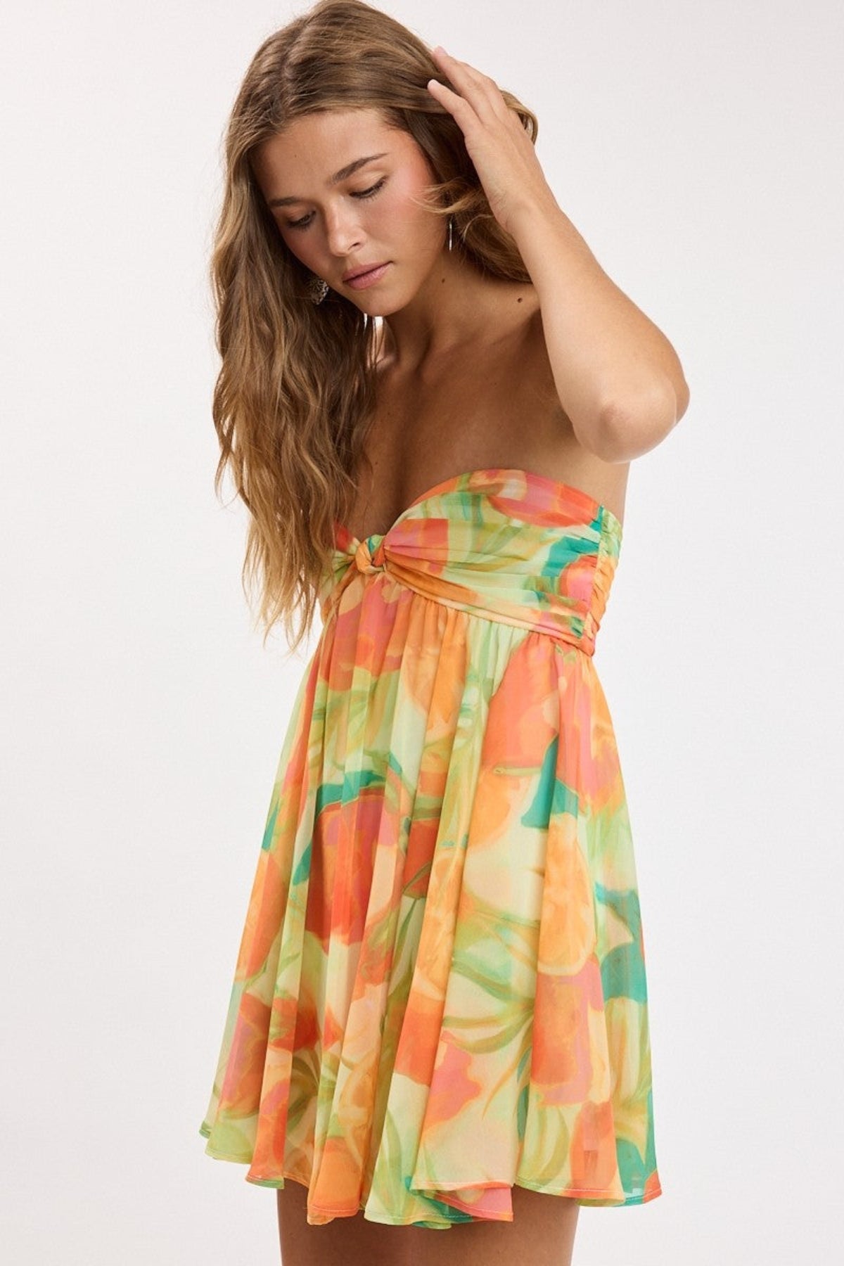 Colette Orange Tropical Print Strapless Babydoll Dress