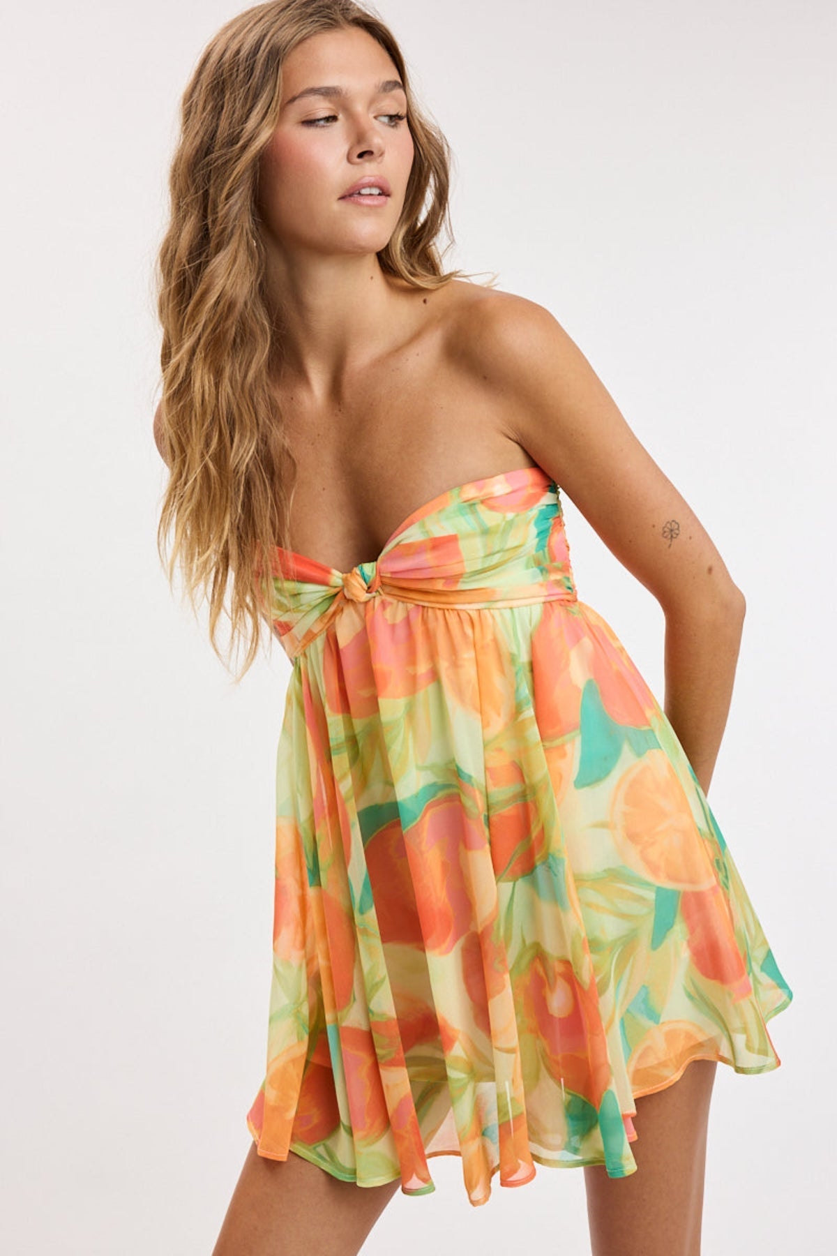 Colette Orange Tropical Print Strapless Babydoll Dress