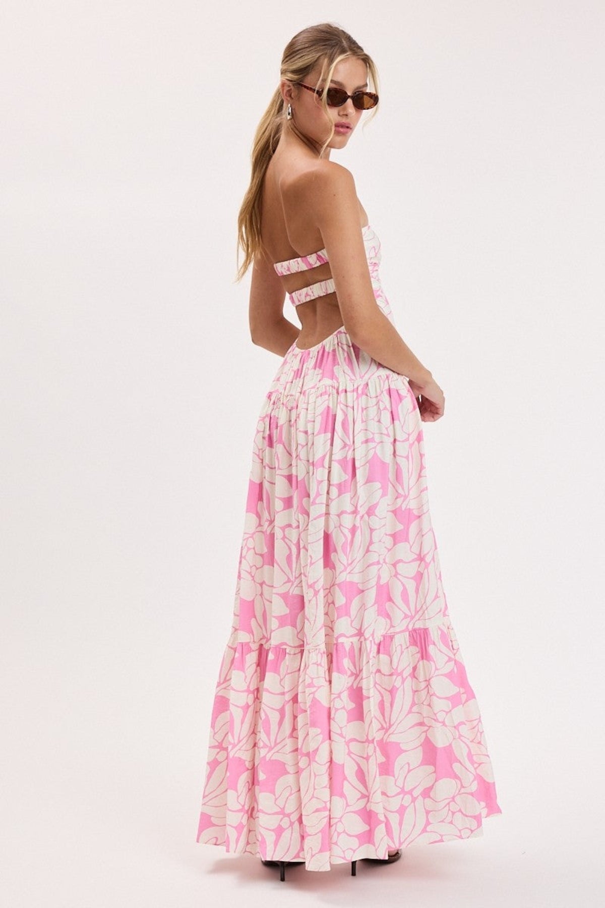 Brisa Pink Tropical Floral Strapless Maxi Dress