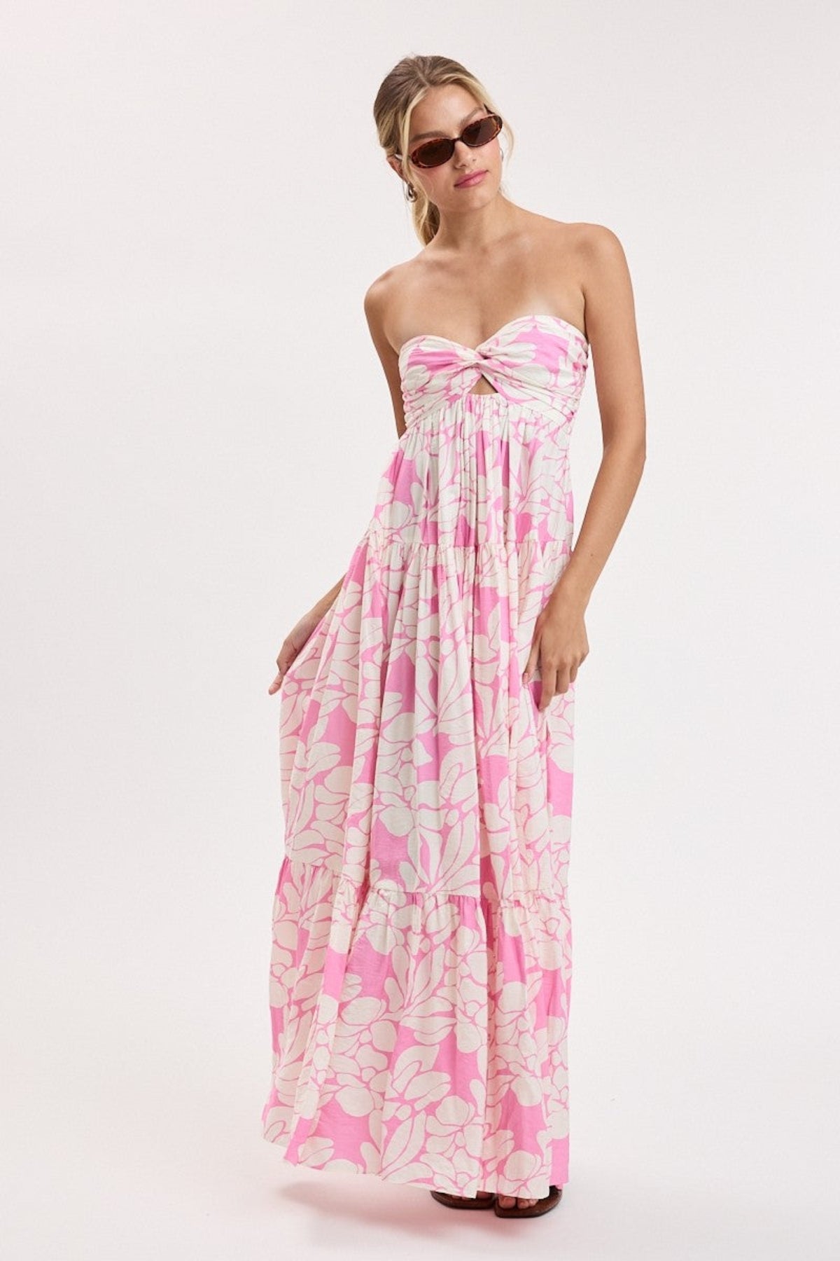 Brisa Pink Tropical Floral Strapless Maxi Dress