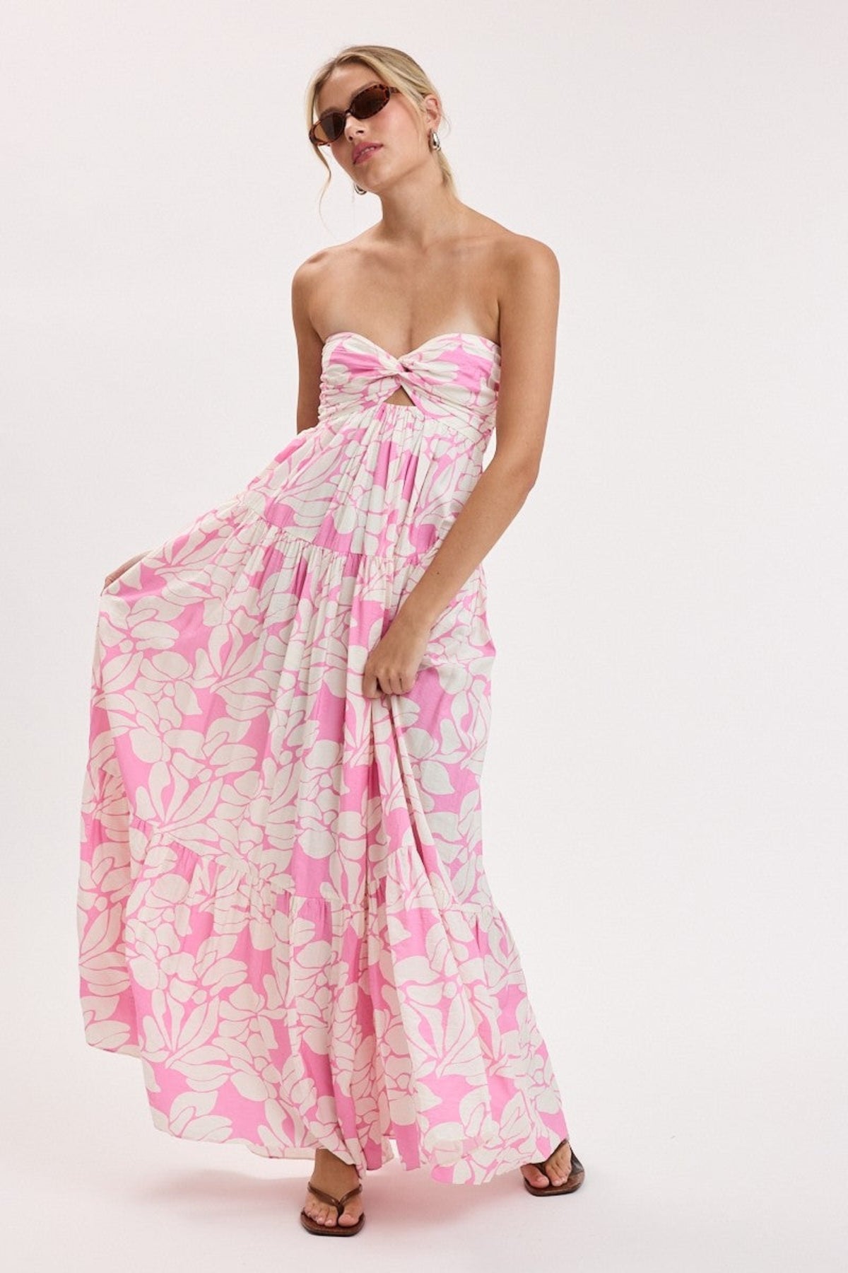 Brisa Pink Tropical Floral Strapless Maxi Dress