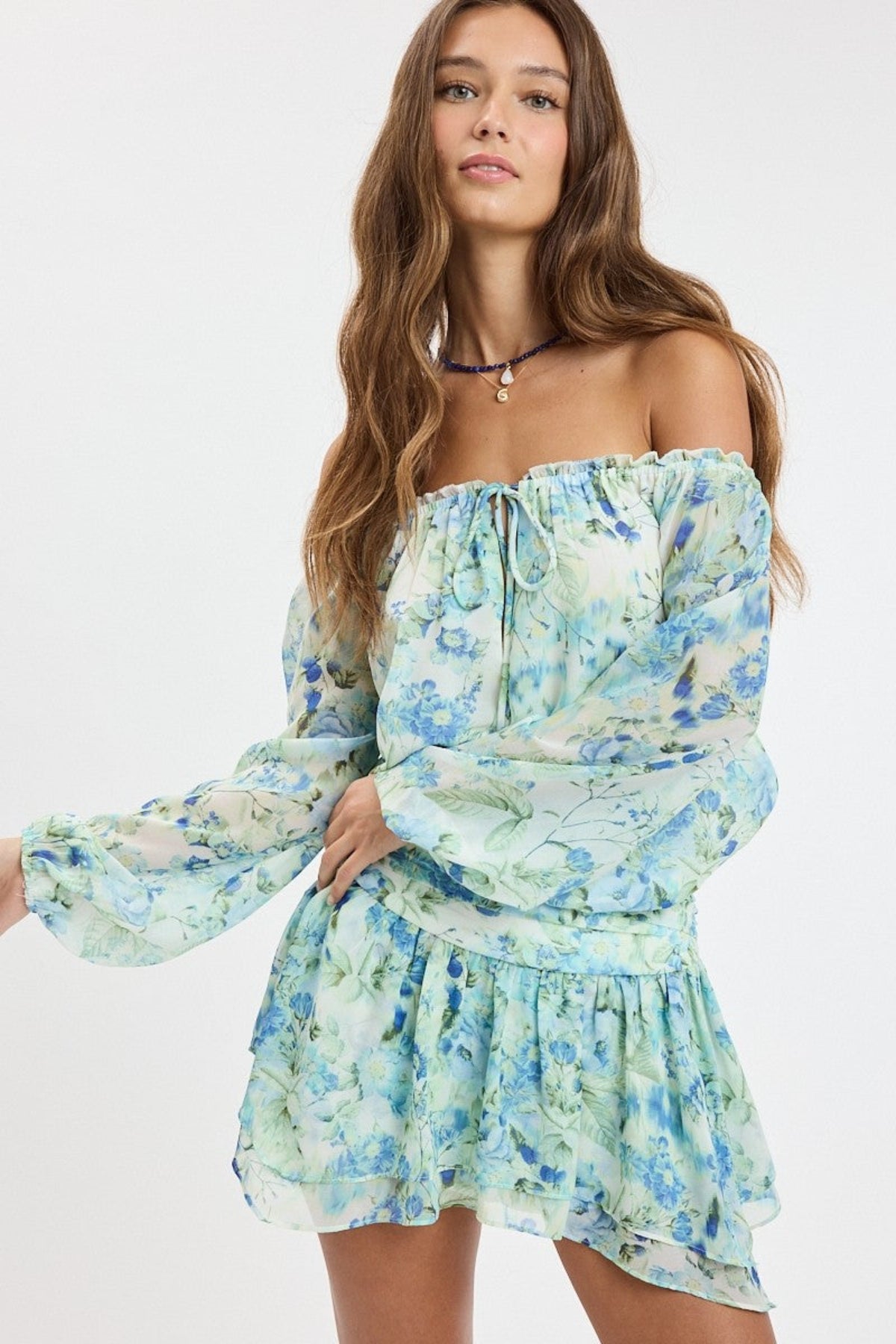 Pixie Blue Watercolor Floral Off The Shoulder Romper Dress