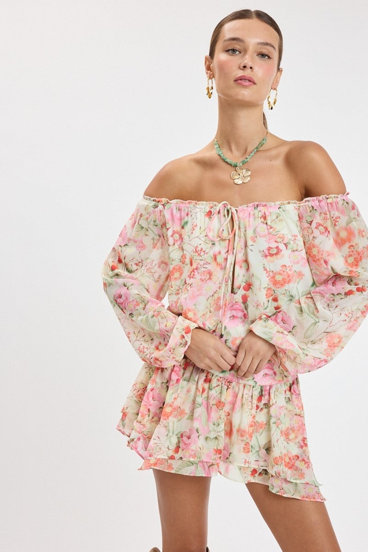 Pixie Pink Watercolor Floral Off The Shoulder Romper Dress