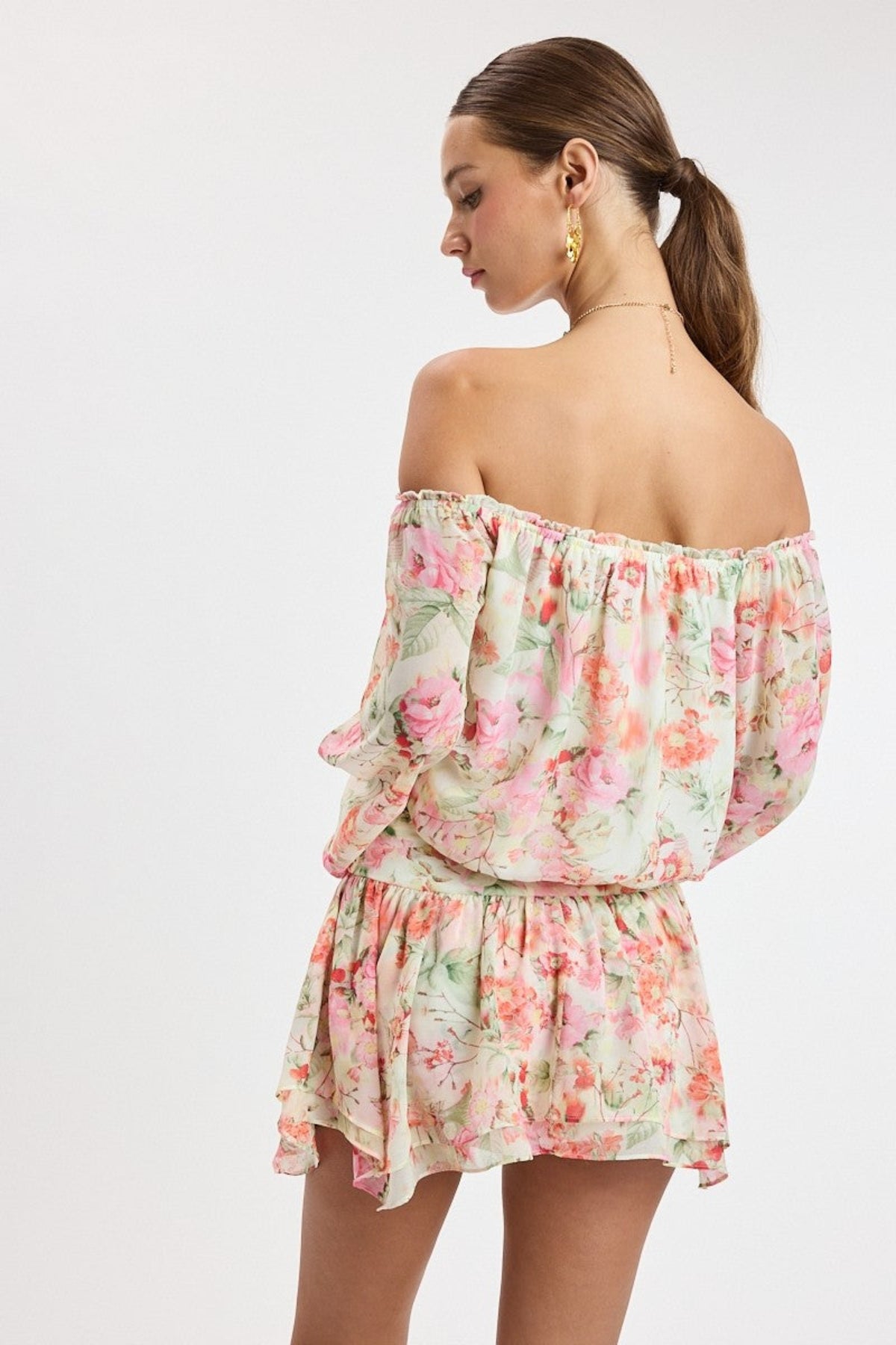 Pixie Pink Watercolor Floral Off The Shoulder Romper Dress