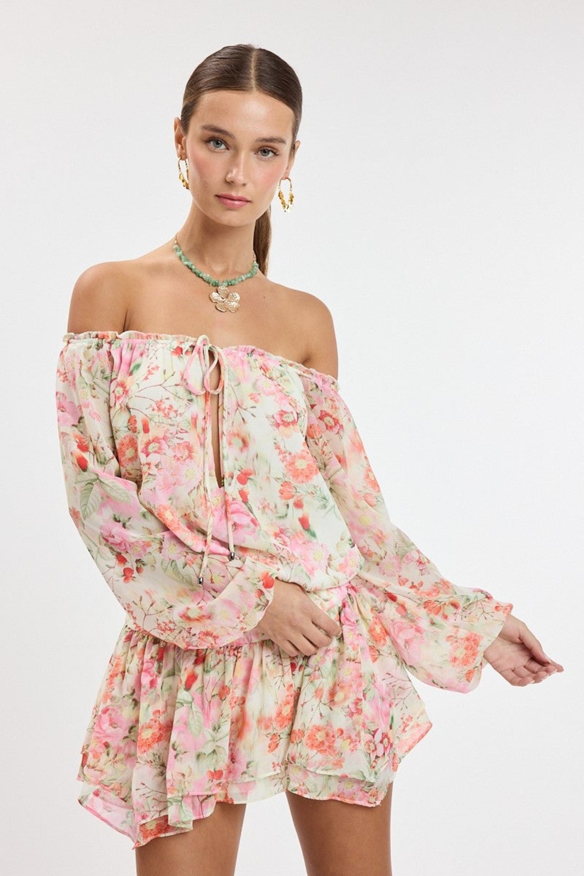Pixie Pink Watercolor Floral Off The Shoulder Romper Dress