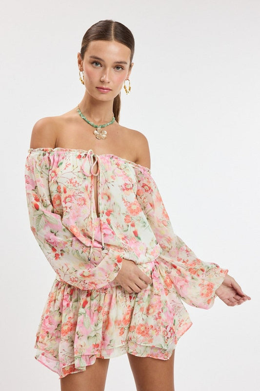 Pixie Pink Watercolor Floral Off The Shoulder Romper Dress