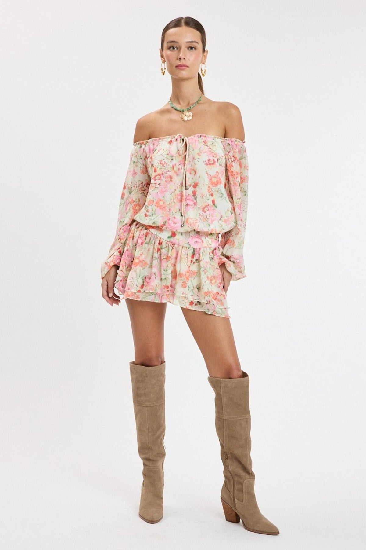 Pixie Pink Watercolor Floral Off The Shoulder Romper Dress
