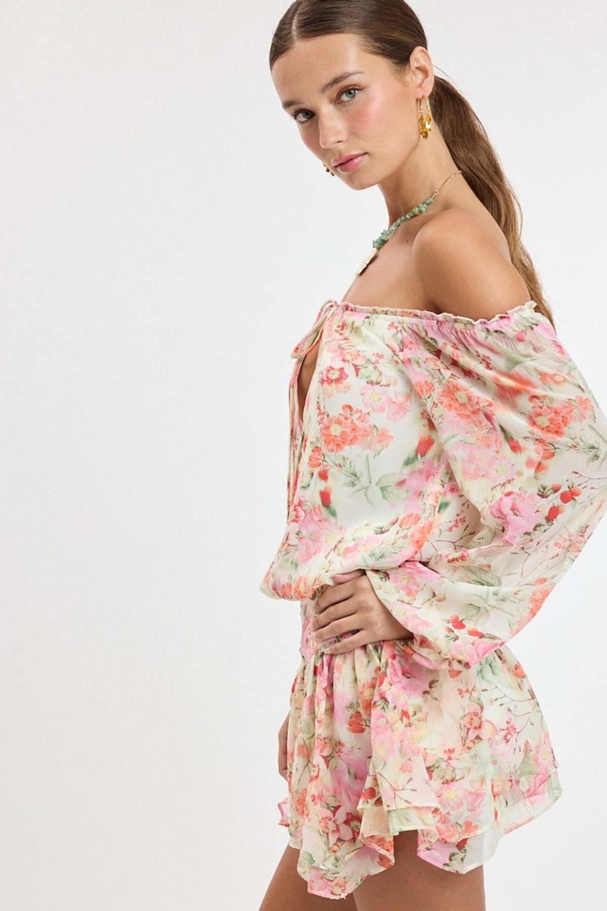 Pixie Pink Watercolor Floral Off The Shoulder Romper Dress