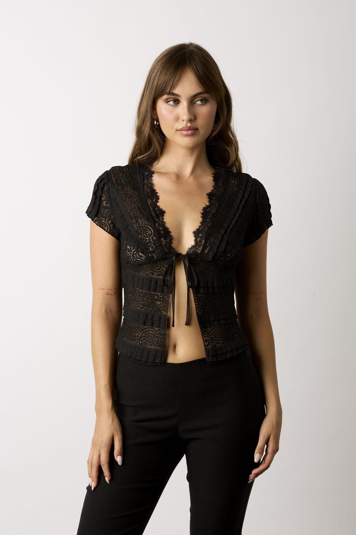 Skyler Black Lace Tie-Front Top