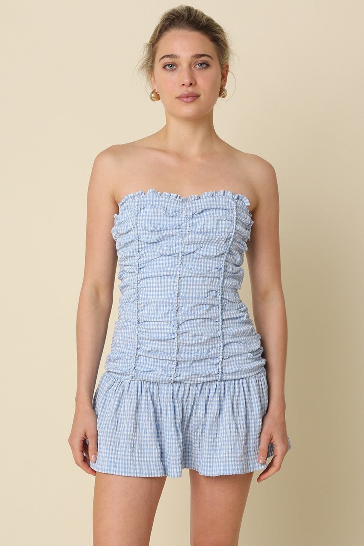 Taryn Blue Gingham Strapless Mini Dress