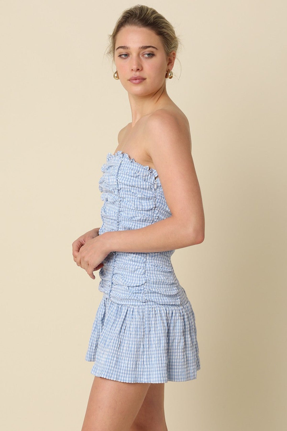 Taryn Blue Gingham Strapless Mini Dress