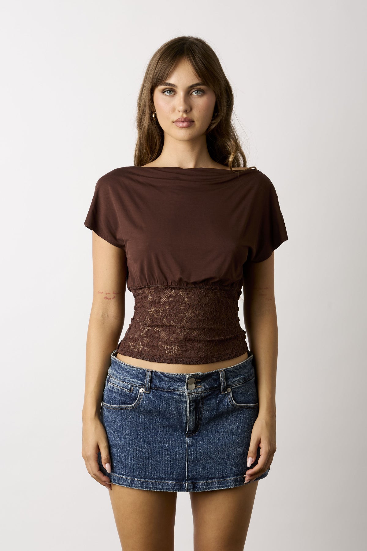 Vivi Brown Off-The-Shoulder Lace Top