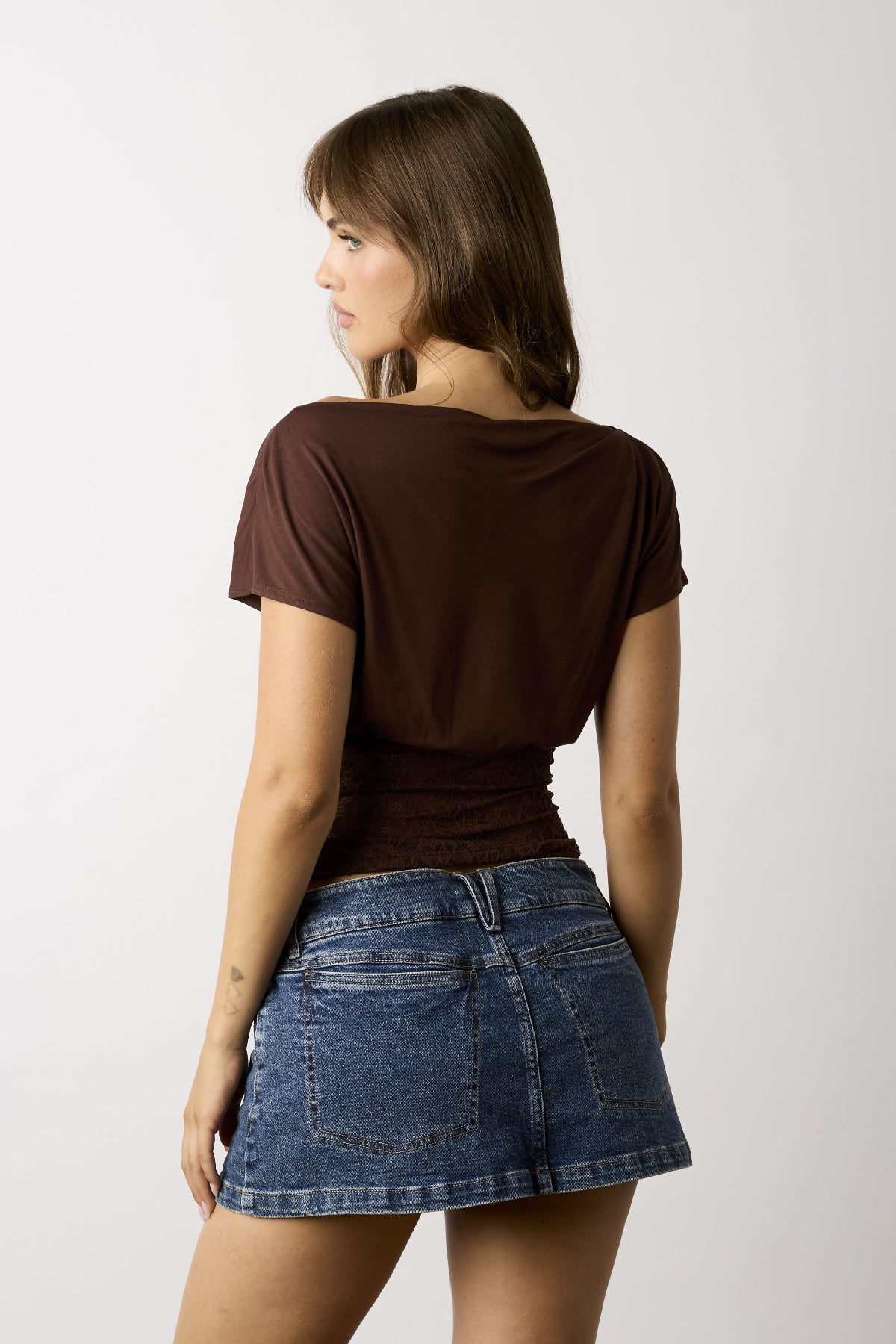 Vivi Brown Off-The-Shoulder Lace Top