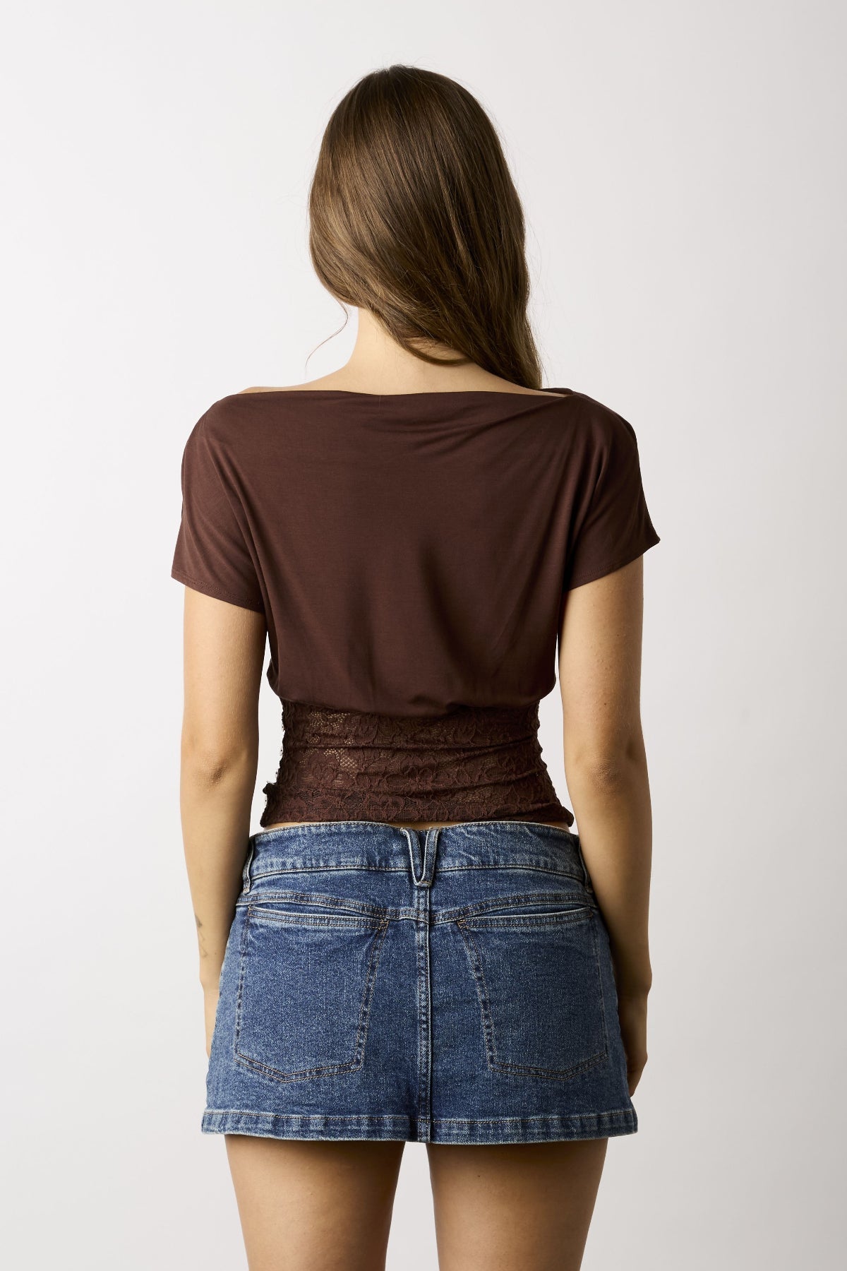 Vivi Brown Off-The-Shoulder Lace Top