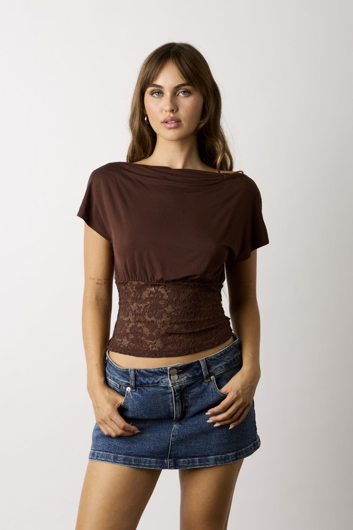 Vivi Brown Off-The-Shoulder Lace Top