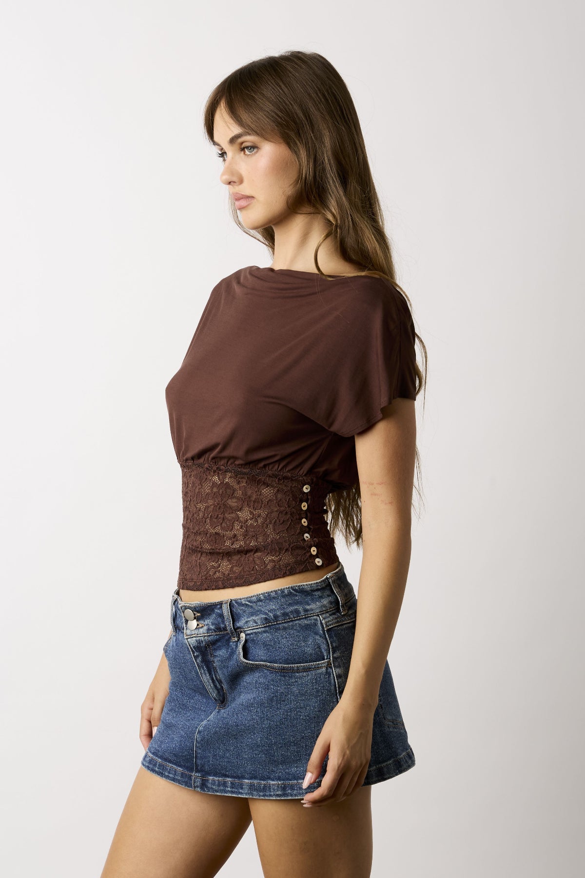 Vivi Brown Off-The-Shoulder Lace Top