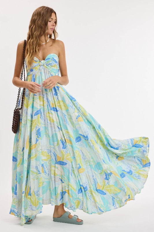 Willow Blue Multi Tropical Strapless Maxi Dress