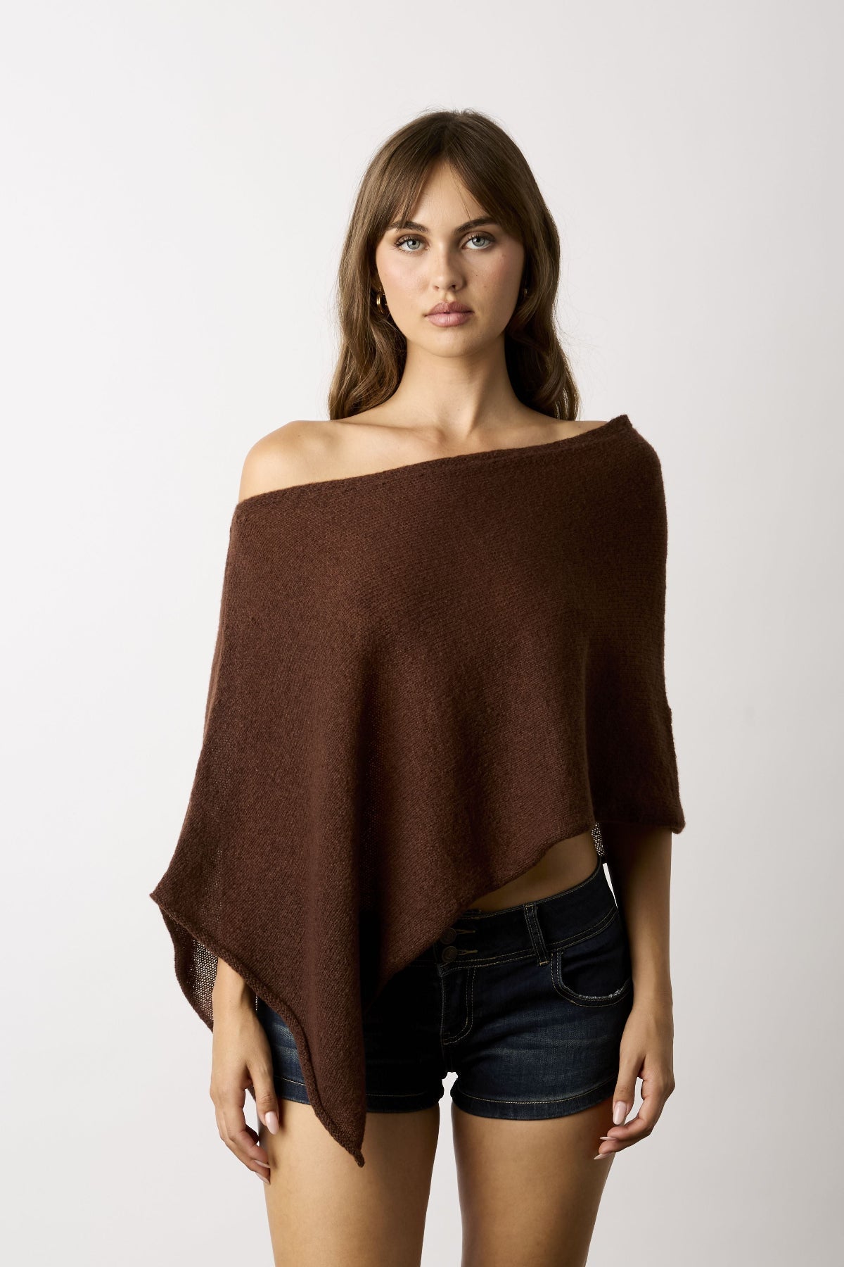 Zoya Brown Off-Shoulder Knit Poncho Top