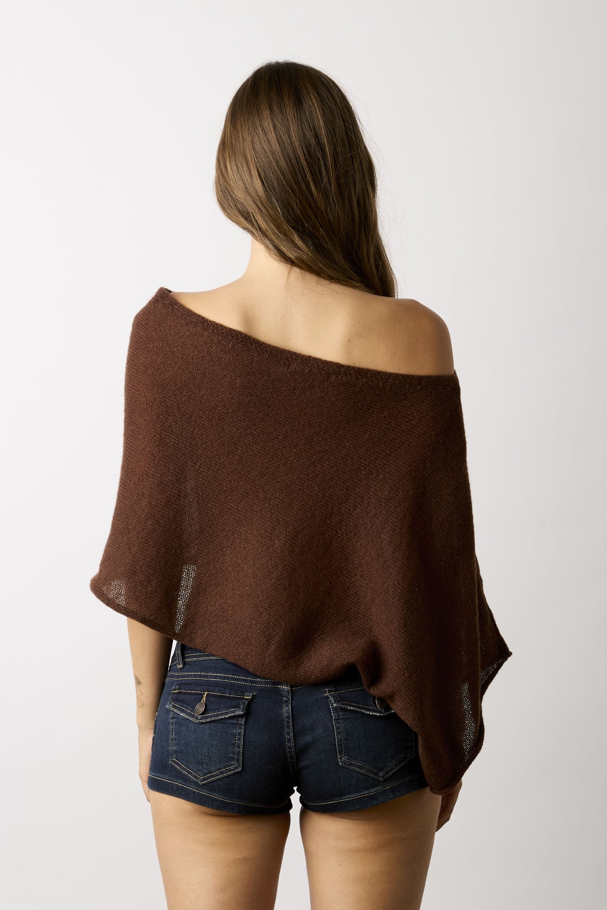 Zoya Brown Off-Shoulder Knit Poncho Top