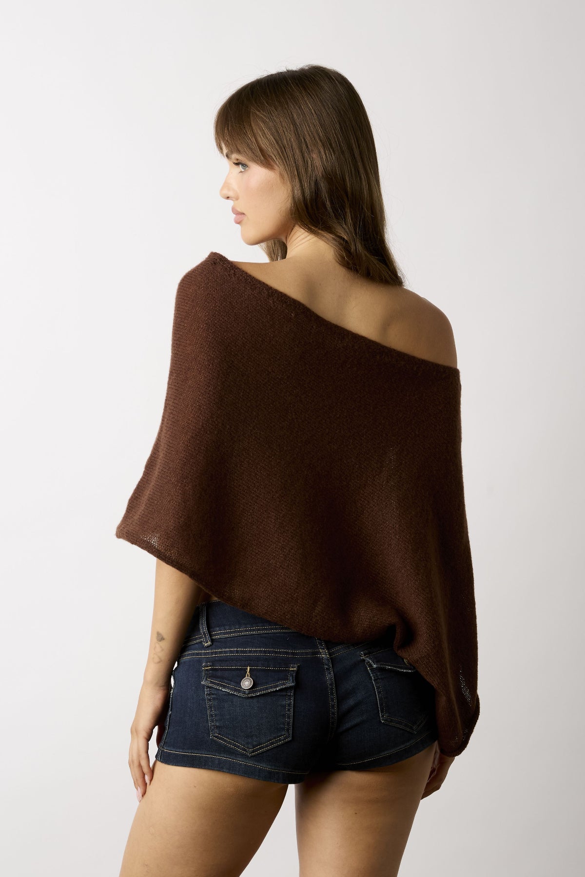 Zoya Brown Off-Shoulder Knit Poncho Top