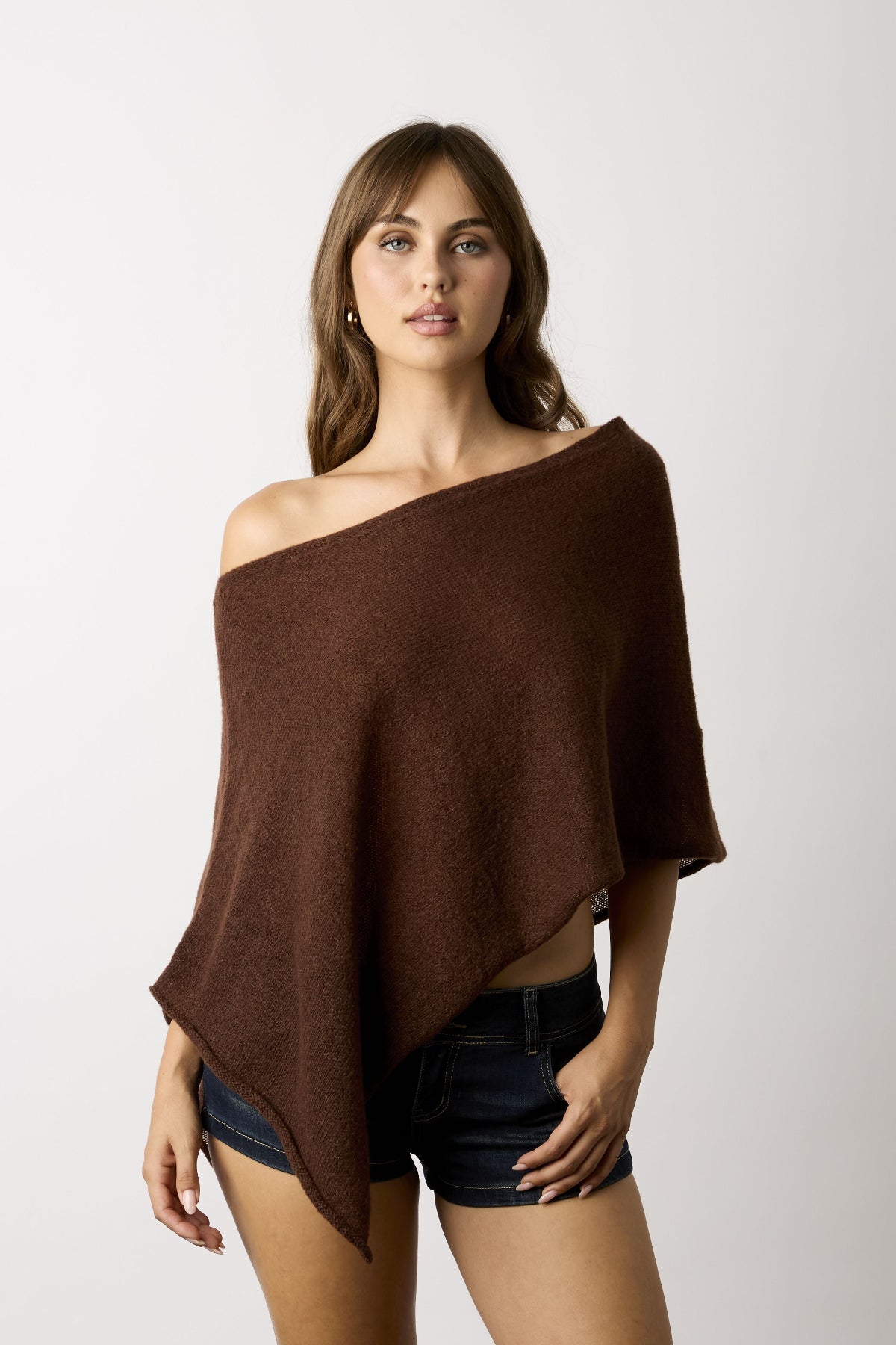Zoya Brown Off-Shoulder Knit Poncho Top